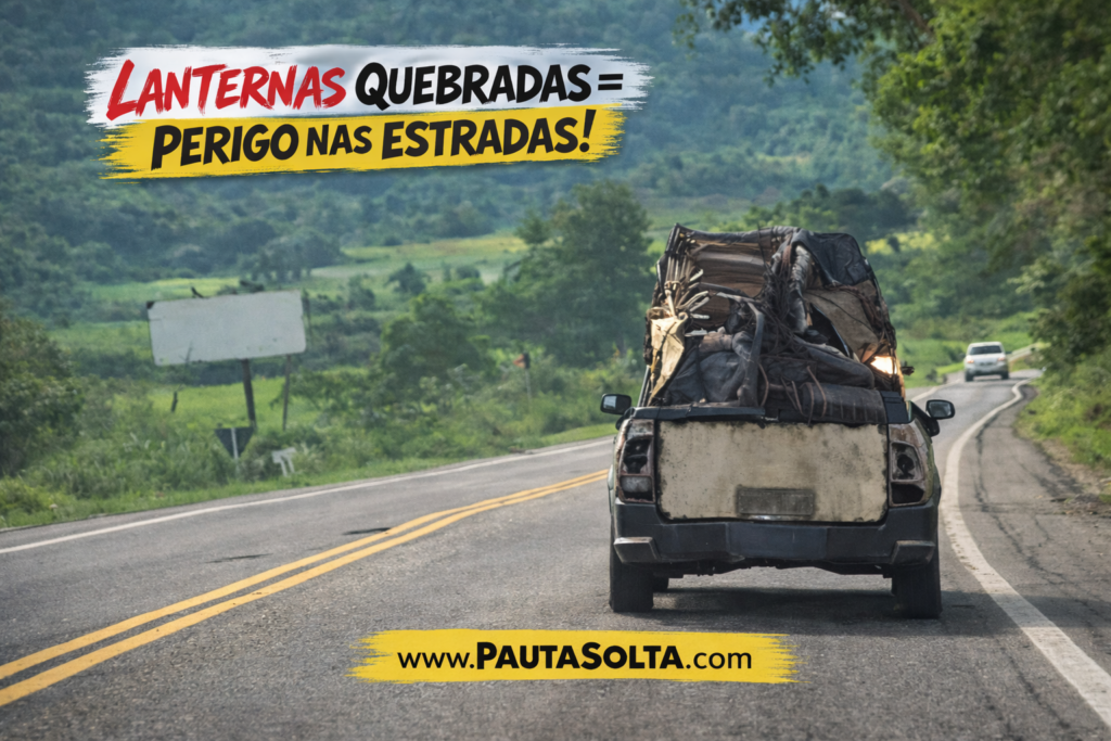 Picape trafega pela BR-262 com lanternas traseiras quebradas, sem sinalização de freio ou seta, em trecho de curvas da rodovia, evidenciando risco causado pela falta de manutenção do veículo.
