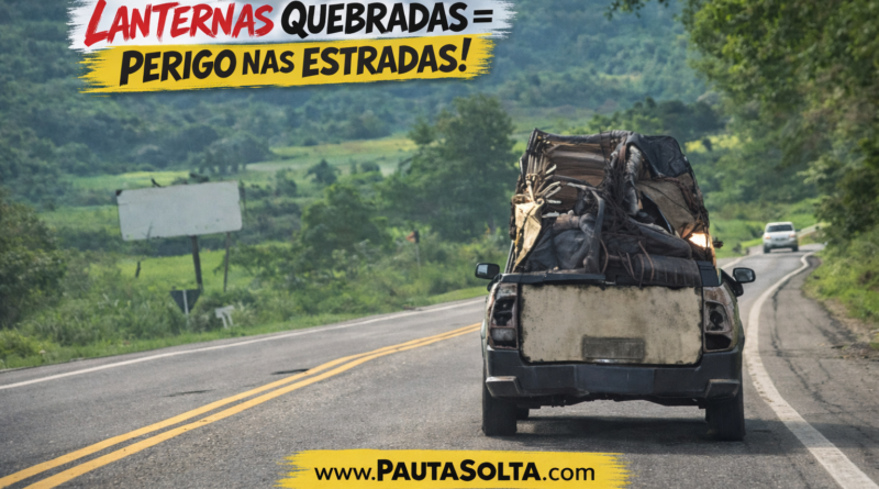 Picape trafega pela BR-262 com lanternas traseiras quebradas, sem sinalização de freio ou seta, em trecho de curvas da rodovia, evidenciando risco causado pela falta de manutenção do veículo.