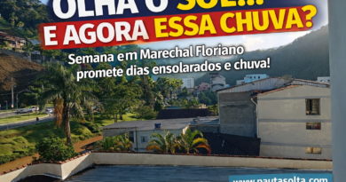 Vista panorâmica de uma manhã ensolarada em Marechal Floriano, na Região Serrana do Espírito Santo, com montanhas verdes ao fundo, casas e prédios da cidade no vale e sol iluminando a paisagem, com chamada sobre previsão de sol e chuva na semana.