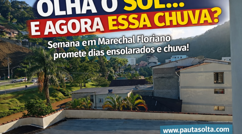 Vista panorâmica de uma manhã ensolarada em Marechal Floriano, na Região Serrana do Espírito Santo, com montanhas verdes ao fundo, casas e prédios da cidade no vale e sol iluminando a paisagem, com chamada sobre previsão de sol e chuva na semana.