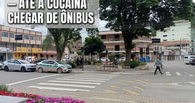 Praça central de Marechal Floriano com árvores grandes, carros e pessoas circulando em um dia nublado, representando a tranquilidade típica das cidades das Montanhas Capixabas em contraste com o debate sobre drogas e segurança pública.