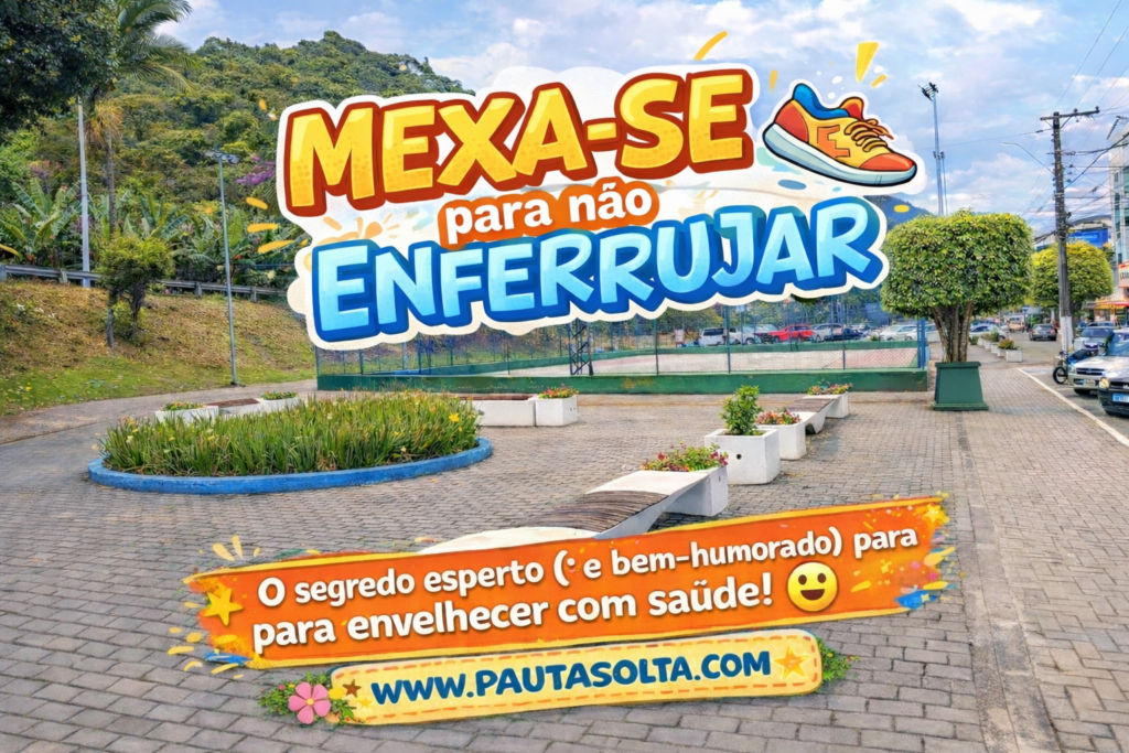 Praça em Marechal Floriano com quadra esportiva e área de caminhada na serra capixaba, com arte colorida do Pauta Solta destacando a frase “Mexa-se ou enferruja”, incentivando exercícios físicos para um envelhecimento saudável.