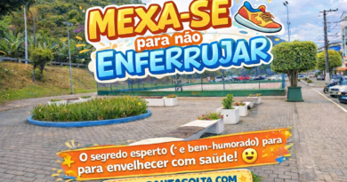 Praça em Marechal Floriano com quadra esportiva e área de caminhada na serra capixaba, com arte colorida do Pauta Solta destacando a frase “Mexa-se ou enferruja”, incentivando exercícios físicos para um envelhecimento saudável.
