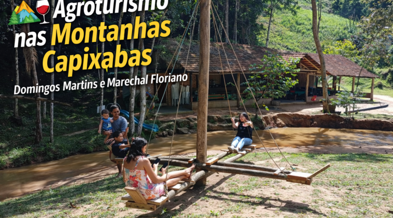 Agroturismo nas montanhas capixabas com família aproveitando balanço rústico à beira de um riacho em área rural de Marechal Floriano, destacando lazer, natureza e turismo rural no Espírito Santo.