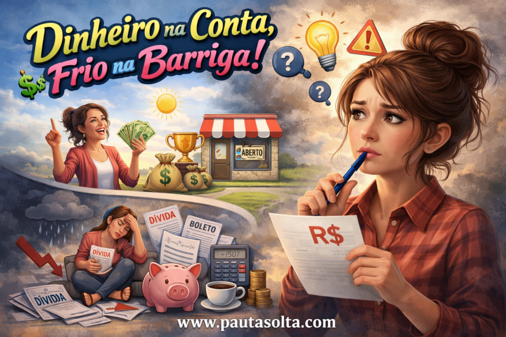 Ilustração realista de mulher analisando papel com símbolo de dinheiro, demonstrando dúvida sobre microcrédito, enquanto ao fundo aparecem cenários contrastantes de sucesso financeiro e endividamento, com o título “Dinheiro na Conta, Frio na Barriga!” e o site pautasolta.com.