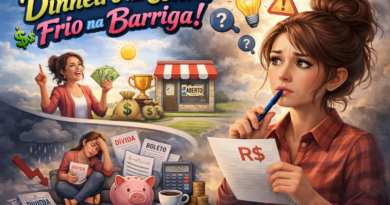Ilustração realista de mulher analisando papel com símbolo de dinheiro, demonstrando dúvida sobre microcrédito, enquanto ao fundo aparecem cenários contrastantes de sucesso financeiro e endividamento, com o título “Dinheiro na Conta, Frio na Barriga!” e o site pautasolta.com.