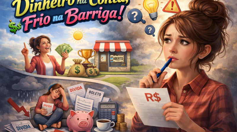 Ilustração realista de mulher analisando papel com símbolo de dinheiro, demonstrando dúvida sobre microcrédito, enquanto ao fundo aparecem cenários contrastantes de sucesso financeiro e endividamento, com o título “Dinheiro na Conta, Frio na Barriga!” e o site pautasolta.com.