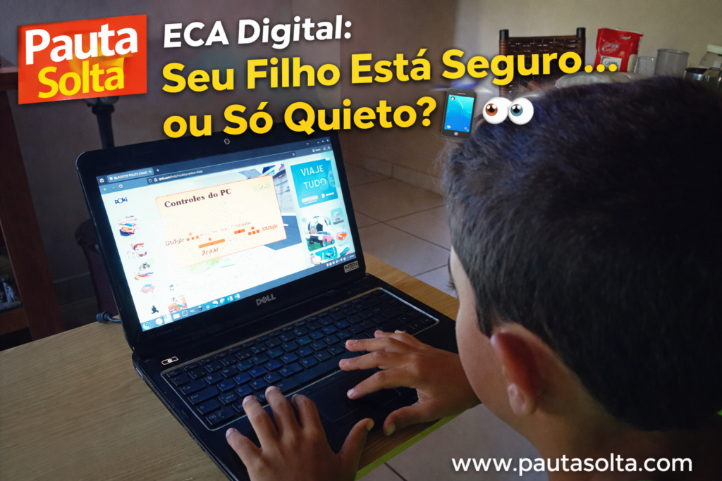 Criança utilizando um notebook em casa, concentrada na tela, ilustrando o uso precoce de tecnologia e o acesso ao ambiente digital por menores de idade.