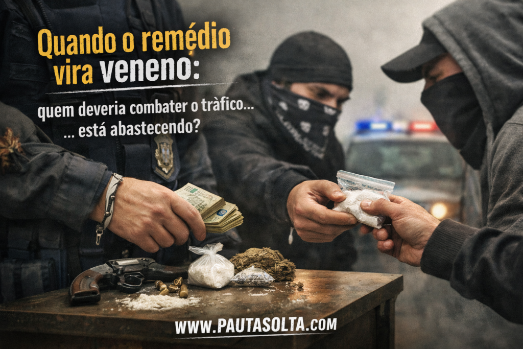 Policial e criminosos trocando drogas e dinheiro em cena realista e crítica, representando corrupção policial e desvio de drogas apreendidas no Espírito Santo, com viatura ao fundo e clima tenso.
