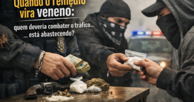 Policial e criminosos trocando drogas e dinheiro em cena realista e crítica, representando corrupção policial e desvio de drogas apreendidas no Espírito Santo, com viatura ao fundo e clima tenso.