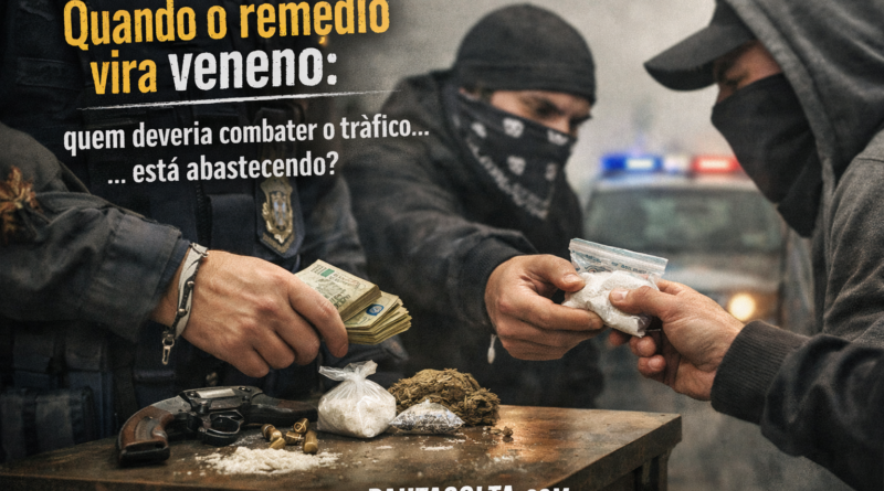 Policial e criminosos trocando drogas e dinheiro em cena realista e crítica, representando corrupção policial e desvio de drogas apreendidas no Espírito Santo, com viatura ao fundo e clima tenso.