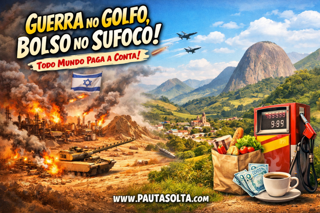 Imagem que representa a guerra no Golfo e seus impactos no Brasil, com cenário de conflito no Oriente Médio contrastando com as montanhas capixabas, gasolina cara, alimentos e dinheiro, simbolizando inflação e custo de vida.