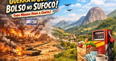Imagem que representa a guerra no Golfo e seus impactos no Brasil, com cenário de conflito no Oriente Médio contrastando com as montanhas capixabas, gasolina cara, alimentos e dinheiro, simbolizando inflação e custo de vida.