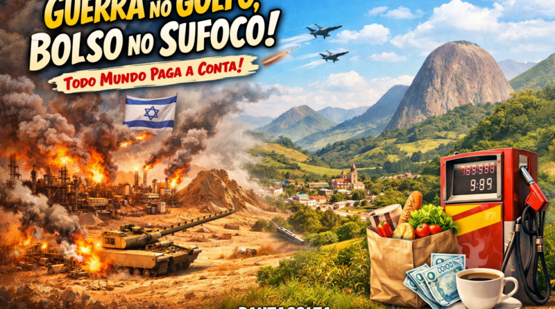 Imagem que representa a guerra no Golfo e seus impactos no Brasil, com cenário de conflito no Oriente Médio contrastando com as montanhas capixabas, gasolina cara, alimentos e dinheiro, simbolizando inflação e custo de vida.