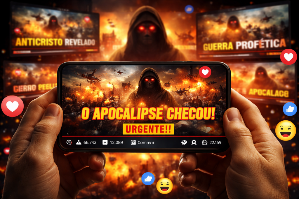 Imagem realista de mãos segurando um smartphone exibindo um vídeo alarmista com cenário de guerra em chamas e a manchete “O Apocalipse Chegou! Urgente!”, representando a guerra por likes usando profecias bíblicas para gerar medo, engajamento e desinformação nas redes sociais.