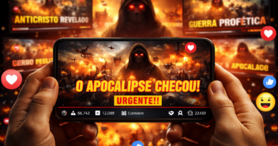 Imagem realista de mãos segurando um smartphone exibindo um vídeo alarmista com cenário de guerra em chamas e a manchete “O Apocalipse Chegou! Urgente!”, representando a guerra por likes usando profecias bíblicas para gerar medo, engajamento e desinformação nas redes sociais.