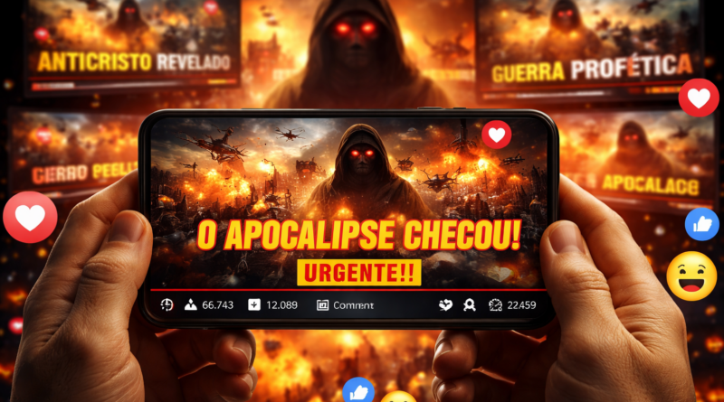 Imagem realista de mãos segurando um smartphone exibindo um vídeo alarmista com cenário de guerra em chamas e a manchete “O Apocalipse Chegou! Urgente!”, representando a guerra por likes usando profecias bíblicas para gerar medo, engajamento e desinformação nas redes sociais.