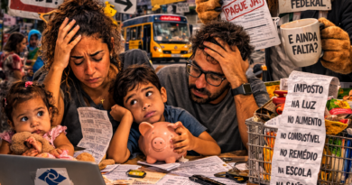 Ilustração realista mostra uma família brasileira preocupada analisando contas e recibos sobre uma mesa cheia de documentos, dinheiro e calculadora, enquanto um leão representando a Receita Federal observa com papéis de imposto; ao fundo aparecem bandeira do Brasil, hospital precário, escola deteriorada e carrinho de supermercado cheio, simbolizando os altos impostos e a dificuldade financeira do cidadão.