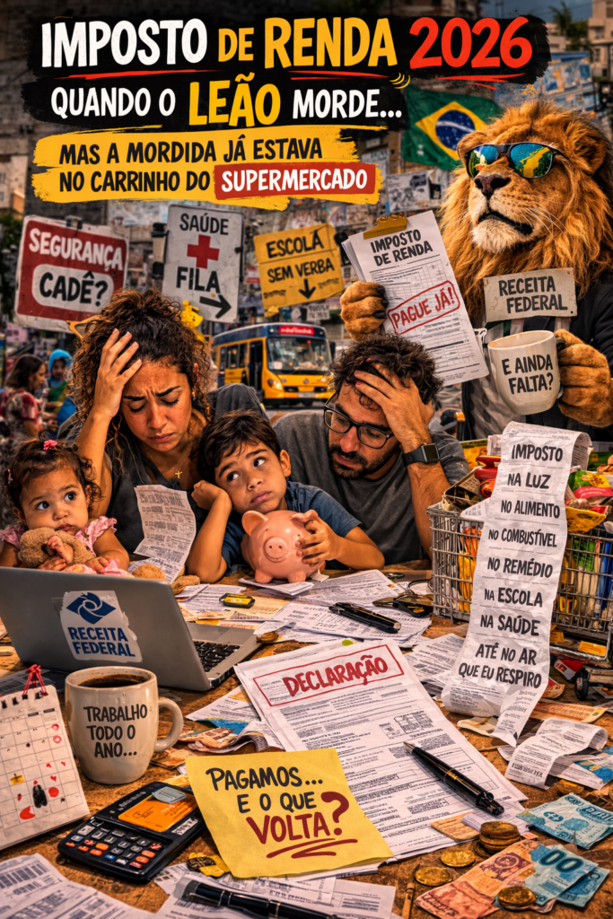 Ilustração realista mostra uma família brasileira preocupada analisando contas e recibos sobre uma mesa cheia de documentos, dinheiro e calculadora, enquanto um leão representando a Receita Federal observa com papéis de imposto; ao fundo aparecem bandeira do Brasil, hospital precário, escola deteriorada e carrinho de supermercado cheio, simbolizando os altos impostos e a dificuldade financeira do cidadão.