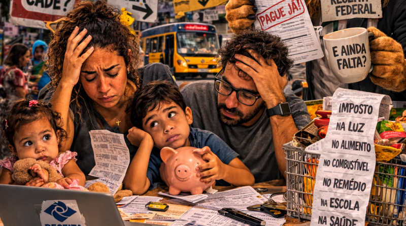 Ilustração realista mostra uma família brasileira preocupada analisando contas e recibos sobre uma mesa cheia de documentos, dinheiro e calculadora, enquanto um leão representando a Receita Federal observa com papéis de imposto; ao fundo aparecem bandeira do Brasil, hospital precário, escola deteriorada e carrinho de supermercado cheio, simbolizando os altos impostos e a dificuldade financeira do cidadão.