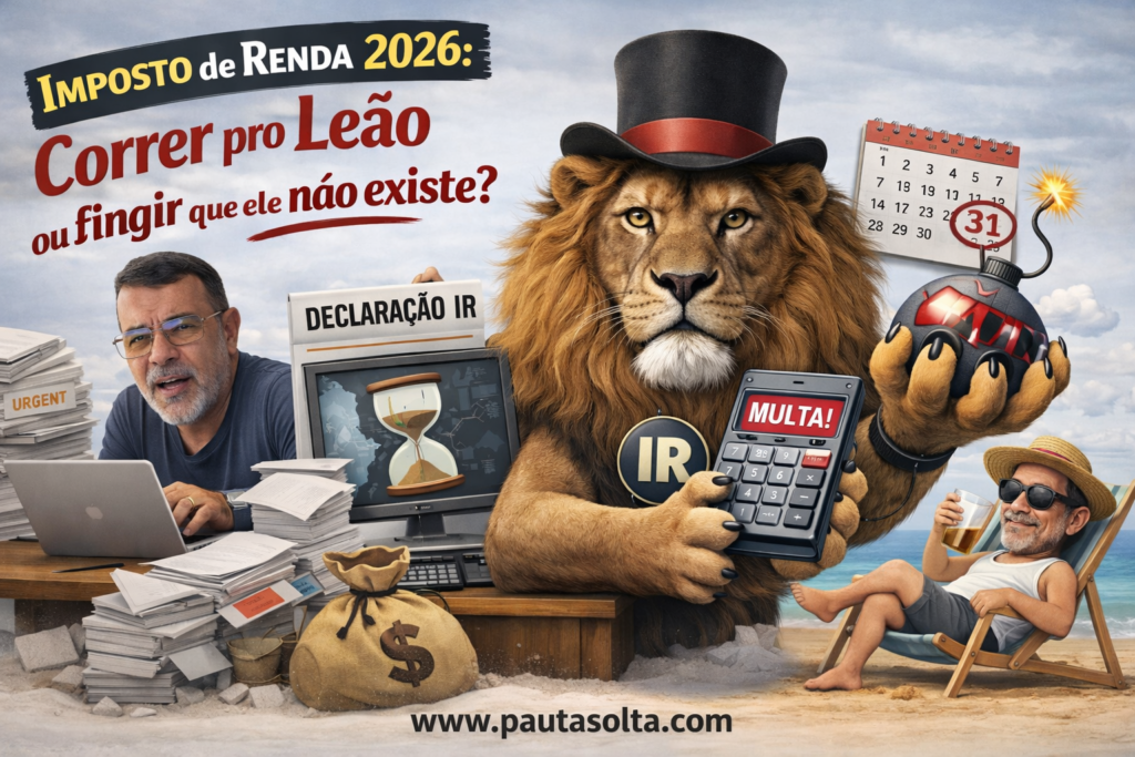 Homem em duas versões no Imposto de Renda 2026: de um lado estressado com documentos e declaração, do outro relaxando na praia, enquanto um leão simboliza a pressão do IR e possíveis multas.