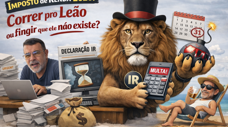 Homem em duas versões no Imposto de Renda 2026: de um lado estressado com documentos e declaração, do outro relaxando na praia, enquanto um leão simboliza a pressão do IR e possíveis multas.