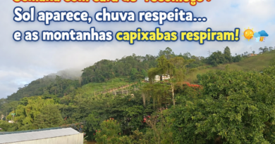 Vista das montanhas capixabas com céu parcialmente aberto, sol entre nuvens e vegetação verde após chuvas, destacando clima agradável na região.