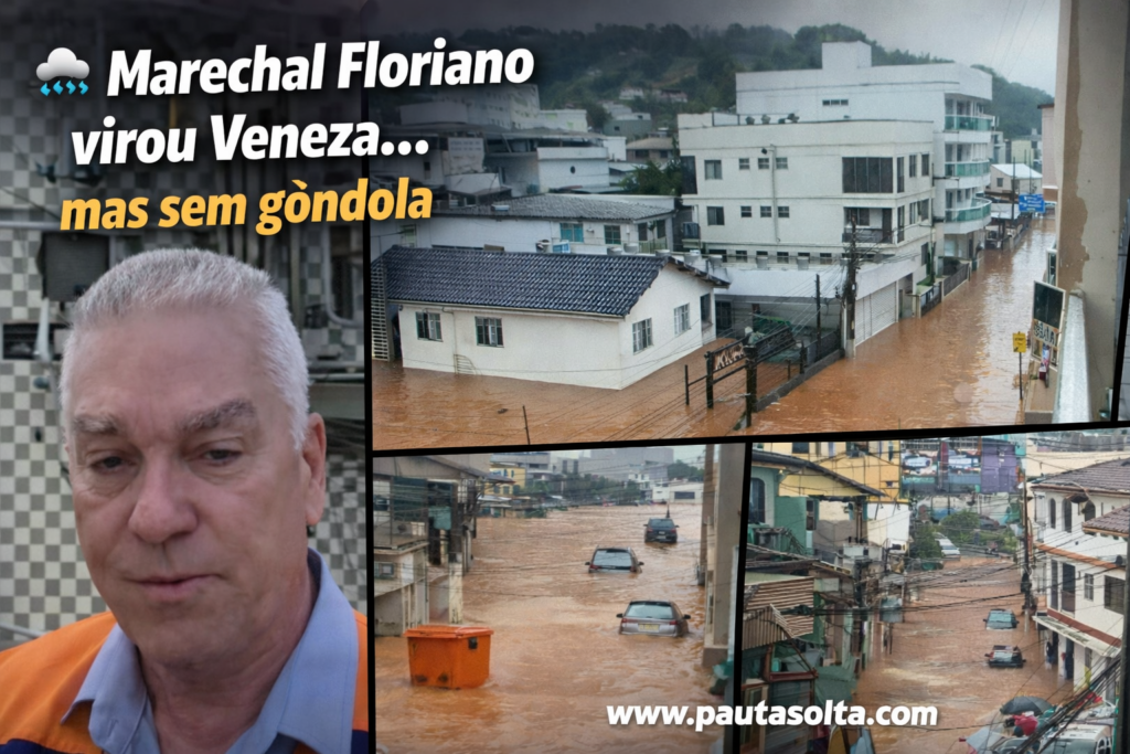 Montagem com três imagens do alagamento em Marechal Floriano durante as fortes chuvas de março de 2026. À esquerda, o prefeito Lidiney Gobbi aparece em vídeo nas redes sociais durante a crise. À direita e abaixo, ruas completamente inundadas, carros parcialmente submersos e moradores enfrentando água barrenta no centro da cidade. A imagem destaca o impacto do temporal e os transtornos causados à população.