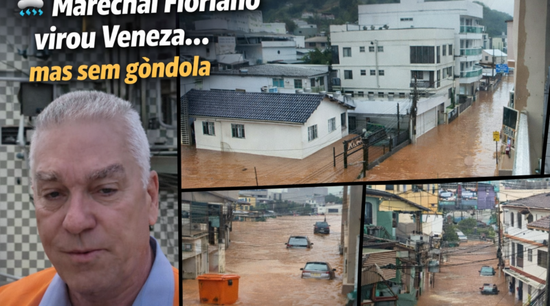 Montagem com três imagens do alagamento em Marechal Floriano durante as fortes chuvas de março de 2026. À esquerda, o prefeito Lidiney Gobbi aparece em vídeo nas redes sociais durante a crise. À direita e abaixo, ruas completamente inundadas, carros parcialmente submersos e moradores enfrentando água barrenta no centro da cidade. A imagem destaca o impacto do temporal e os transtornos causados à população.