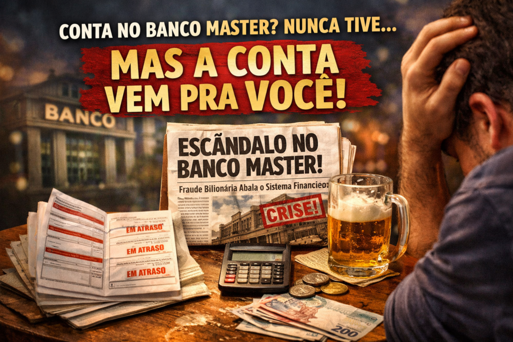 Mesa de bar com carnê de parcelas e jornal sobre escândalo do Banco Master simbolizando impacto da crise financeira no cidadão comum.