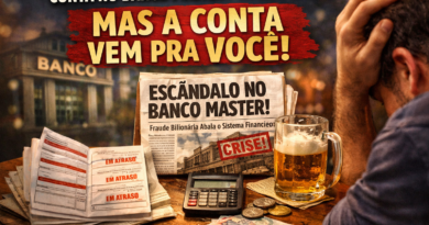 Mesa de bar com carnê de parcelas e jornal sobre escândalo do Banco Master simbolizando impacto da crise financeira no cidadão comum.