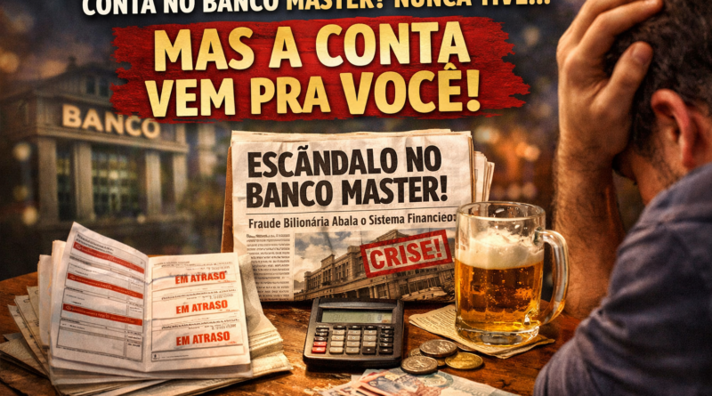 Mesa de bar com carnê de parcelas e jornal sobre escândalo do Banco Master simbolizando impacto da crise financeira no cidadão comum.