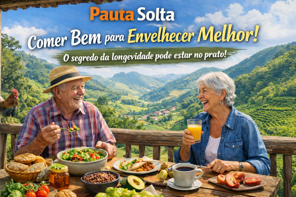 Casal de idosos sorrindo enquanto compartilha uma refeição saudável em uma varanda rural com vista para as montanhas capixabas, mesa cheia de alimentos naturais como salada, frutas, pão e café; na arte aparece o título “Comer Bem para Envelhecer Melhor” e o site www.pautasolta.com
.