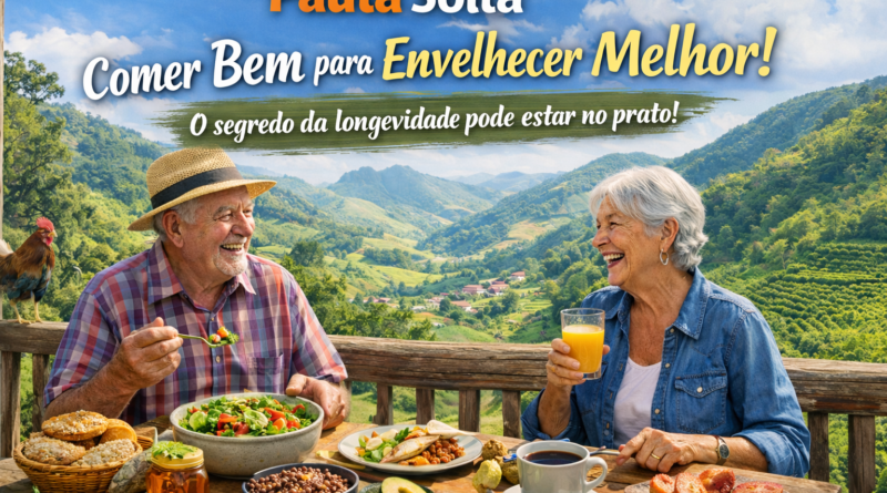 Casal de idosos sorrindo enquanto compartilha uma refeição saudável em uma varanda rural com vista para as montanhas capixabas, mesa cheia de alimentos naturais como salada, frutas, pão e café; na arte aparece o título “Comer Bem para Envelhecer Melhor” e o site www.pautasolta.com .