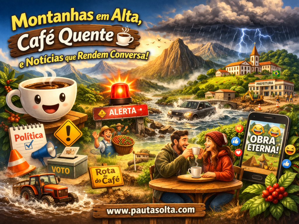 Ilustração colorida e bem-humorada das montanhas do Espírito Santo com chuva, relâmpagos e enchente, mostrando um carro atravessando água, uma sirene de alerta, elementos de política e agricultura, além de um casal tomando café e um celular com meme. No topo, o título “Montanhas em Alta, Café Quente e Notícias que Rendem Conversa!” e, na base, o site www.pautasolta.com
.