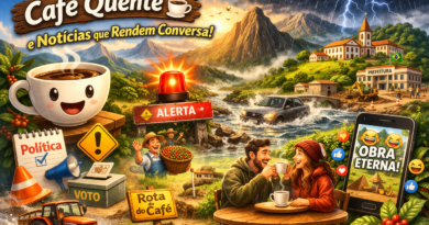 Ilustração colorida e bem-humorada das montanhas do Espírito Santo com chuva, relâmpagos e enchente, mostrando um carro atravessando água, uma sirene de alerta, elementos de política e agricultura, além de um casal tomando café e um celular com meme. No topo, o título “Montanhas em Alta, Café Quente e Notícias que Rendem Conversa!” e, na base, o site www.pautasolta.com .