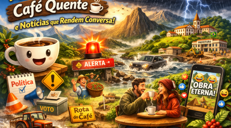 Ilustração colorida e bem-humorada das montanhas do Espírito Santo com chuva, relâmpagos e enchente, mostrando um carro atravessando água, uma sirene de alerta, elementos de política e agricultura, além de um casal tomando café e um celular com meme. No topo, o título “Montanhas em Alta, Café Quente e Notícias que Rendem Conversa!” e, na base, o site www.pautasolta.com .