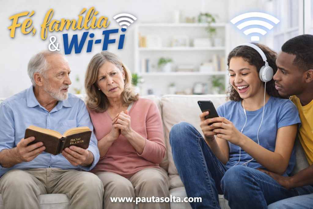 Família diversa em sala de estar clara, com casal mais velho conversando com expressão preocupada enquanto jovens usam celular sorrindo, representando o choque de gerações no ambiente familiar moderno.