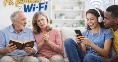 Família diversa em sala de estar clara, com casal mais velho conversando com expressão preocupada enquanto jovens usam celular sorrindo, representando o choque de gerações no ambiente familiar moderno.