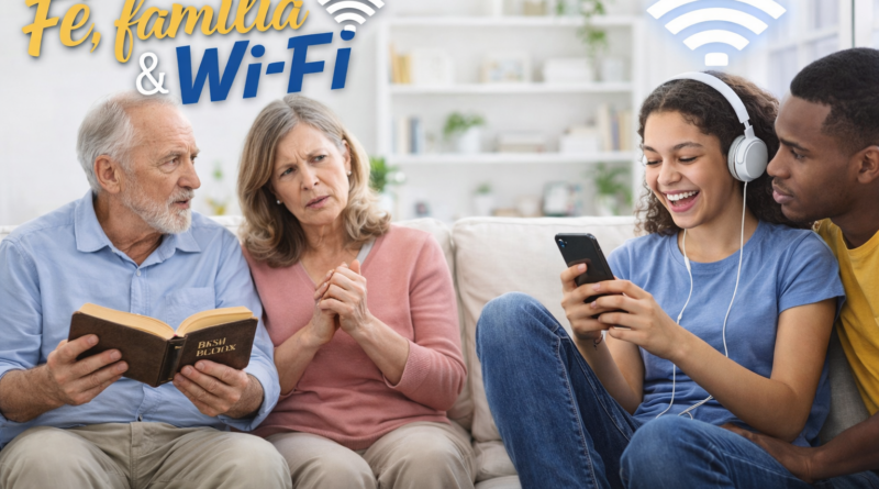 Família diversa em sala de estar clara, com casal mais velho conversando com expressão preocupada enquanto jovens usam celular sorrindo, representando o choque de gerações no ambiente familiar moderno.