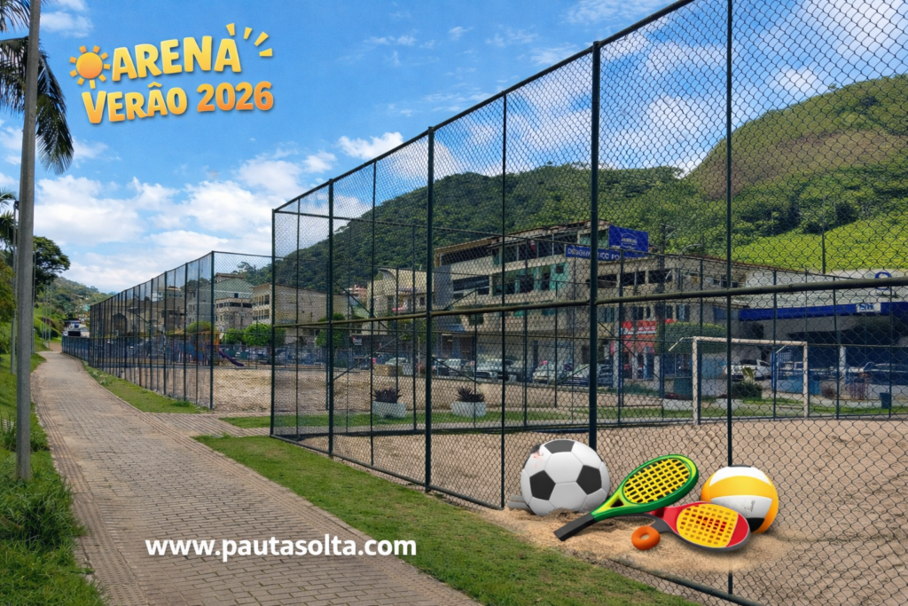 Quadra de areia em Marechal Floriano preparada para a Arena Verão 2026, com espaço para competições de futevôlei, vôlei de praia e beach tennis. Foto: Adelar Dias Junior.