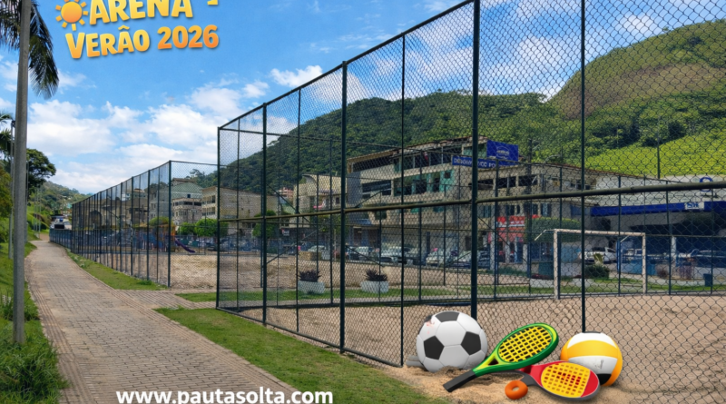 Quadra de areia em Marechal Floriano preparada para a Arena Verão 2026, com espaço para competições de futevôlei, vôlei de praia e beach tennis. Foto: Adelar Dias Junior.