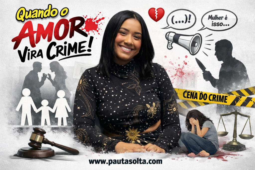 Imagem ilustrativa sobre feminicídio no Espírito Santo mostra jovem mulher sorrindo ao centro, com elementos simbólicos ao redor como silhueta de agressor com faca, fita de cena do crime, família, balança da justiça e mulher em sofrimento, representando violência contra a mulher.