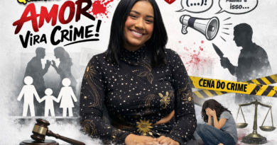 Imagem ilustrativa sobre feminicídio no Espírito Santo mostra jovem mulher sorrindo ao centro, com elementos simbólicos ao redor como silhueta de agressor com faca, fita de cena do crime, família, balança da justiça e mulher em sofrimento, representando violência contra a mulher.