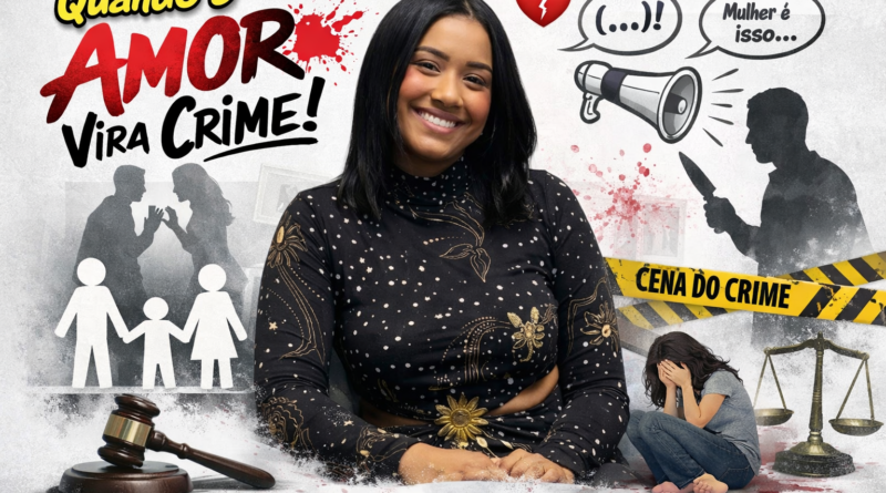 Imagem ilustrativa sobre feminicídio no Espírito Santo mostra jovem mulher sorrindo ao centro, com elementos simbólicos ao redor como silhueta de agressor com faca, fita de cena do crime, família, balança da justiça e mulher em sofrimento, representando violência contra a mulher.