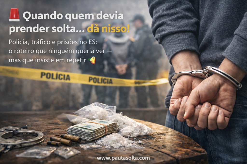 Cena realista de operação policial com suspeito algemado em primeiro plano, drogas e dinheiro sobre mesa, fita de isolamento ao fundo e agentes desfocados; imagem representa corrupção policial e tráfico de drogas no Espírito Santo.