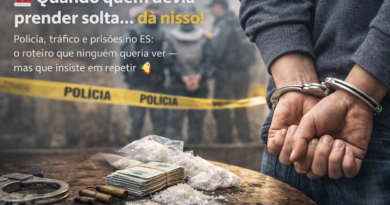 Cena realista de operação policial com suspeito algemado em primeiro plano, drogas e dinheiro sobre mesa, fita de isolamento ao fundo e agentes desfocados; imagem representa corrupção policial e tráfico de drogas no Espírito Santo.
