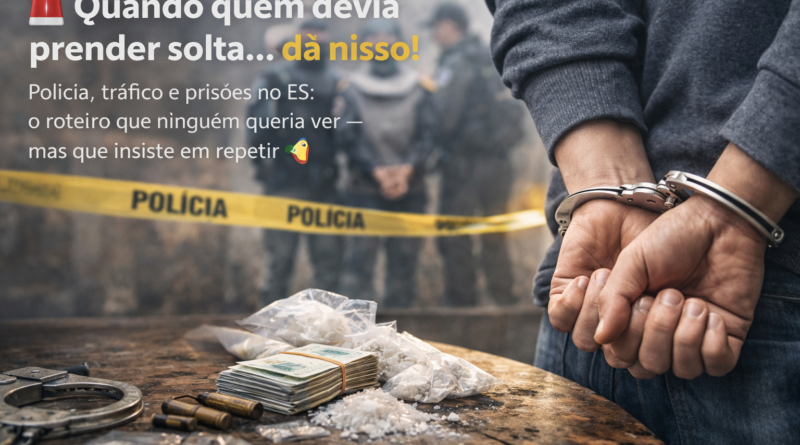 Cena realista de operação policial com suspeito algemado em primeiro plano, drogas e dinheiro sobre mesa, fita de isolamento ao fundo e agentes desfocados; imagem representa corrupção policial e tráfico de drogas no Espírito Santo.