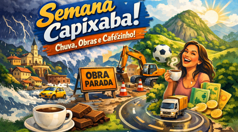 Resumo da semana no Espírito Santo com destaque para chuva nas montanhas capixabas, obras paradas, economia local e cotidiano com café, ilustrando a realidade de Marechal Floriano e região.