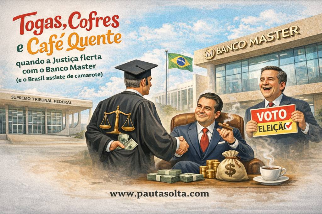 Ilustração satírica com o prédio do STF e a fachada do Banco Master ao fundo, mostrando um juiz de toga apertando a mão de um banqueiro com dinheiro, enquanto um político segura placa de eleição, simbolizando relação entre Judiciário, sistema financeiro e interesses políticos no Brasil.